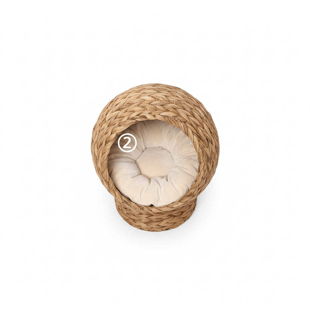 Handwoven Elevated Cat Bed with Soft Cushion & Egg Chair Shape, Basket Bed Kitty House with Stand, Raised Wicker House for Indoor Cats, 23.5" H, Light Brown