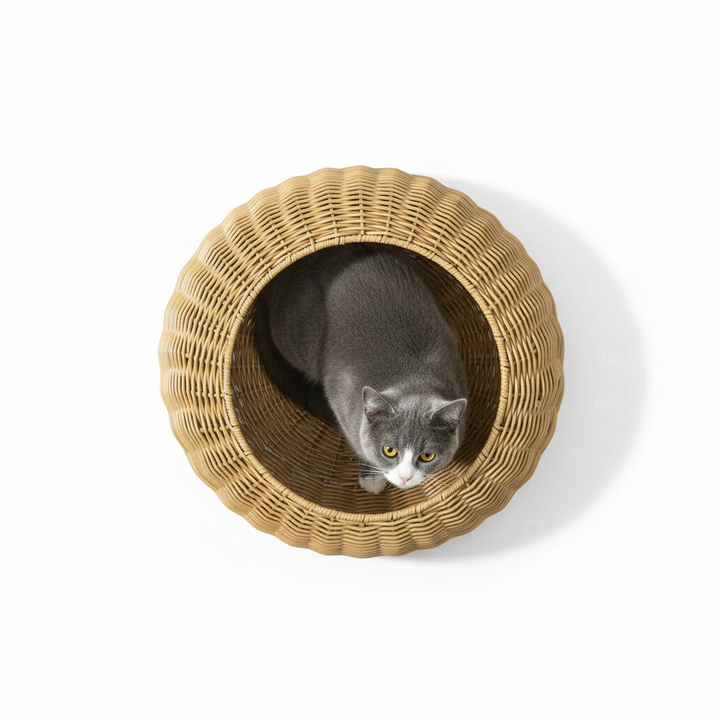 Rattan Cat Bed with Washable Cushion for Cats, Puppies, Light Brown