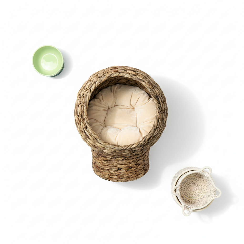 20.5" Weaved Cat Bed, Elevated Hand-woven Braided Banana Leaf Kitten House Condo with Cushion, Brown