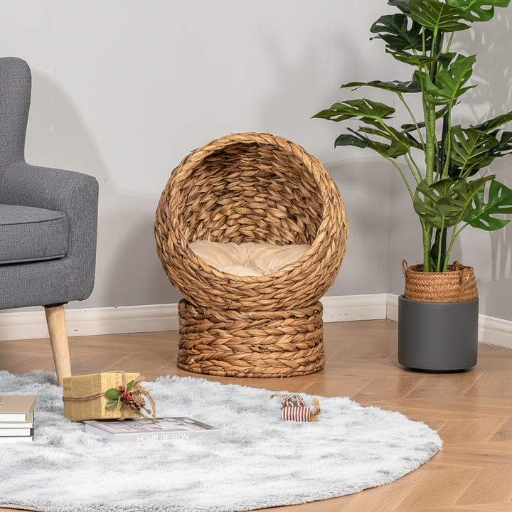 Handwoven Elevated Cat Bed with Soft Cushion & Egg Chair Shape, Basket Bed Kitty House with Stand, Raised Wicker House for Indoor Cats, 23.5" H, Light Brown