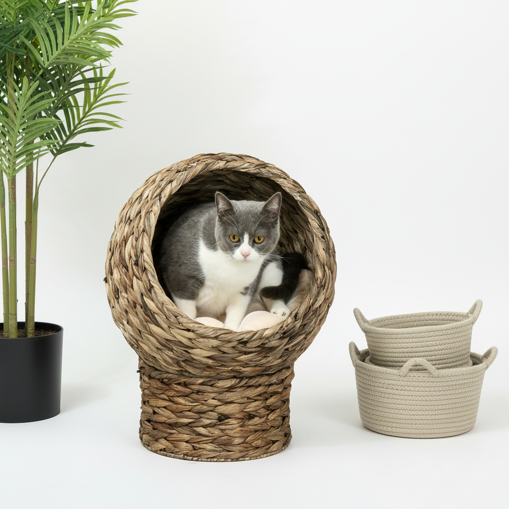 20.5" Weaved Cat Bed, Elevated Hand-woven Braided Banana Leaf Kitten House Condo with Cushion, Brown