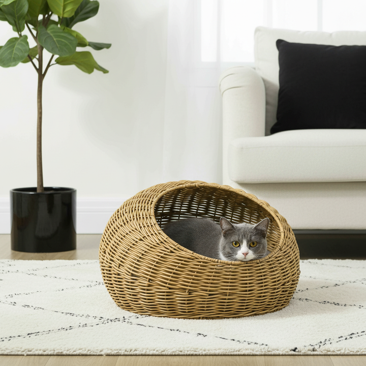 Rattan Cat Bed with Washable Cushion for Cats, Puppies, Light Brown