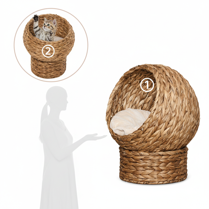 Handwoven Elevated Cat Bed with Soft Cushion & Egg Chair Shape, Basket Bed Kitty House with Stand, Raised Wicker House for Indoor Cats, 23.5" H, Light Brown