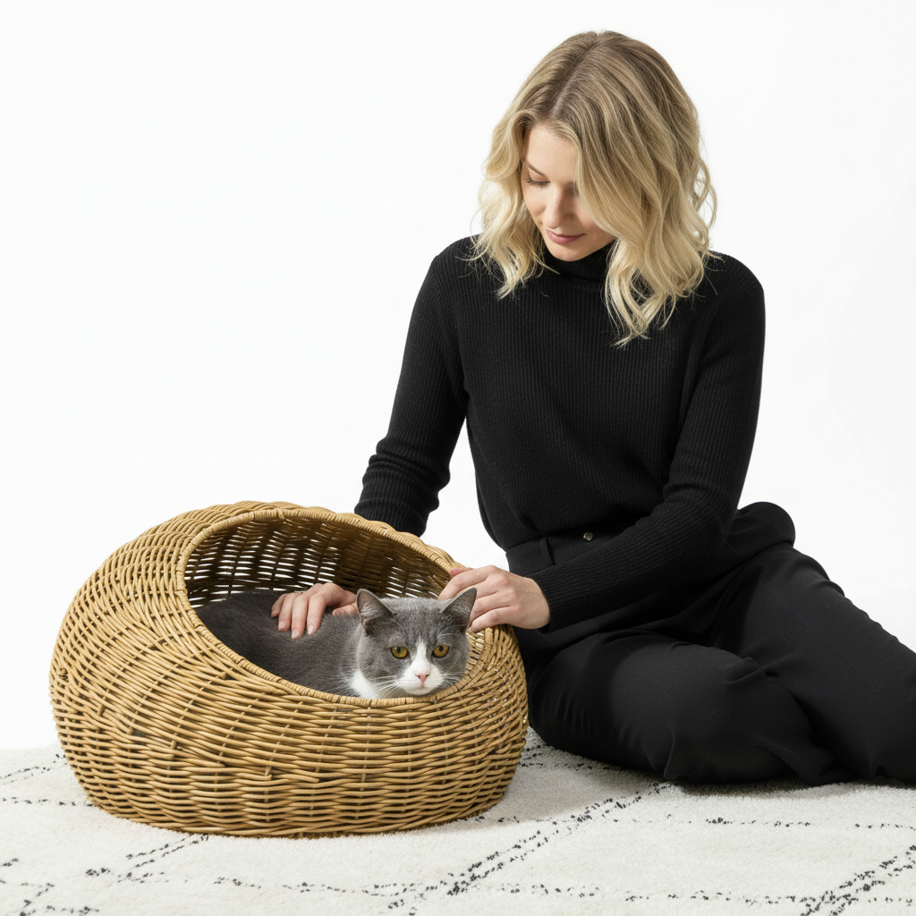 Rattan Cat Bed with Washable Cushion for Cats, Puppies, Light Brown