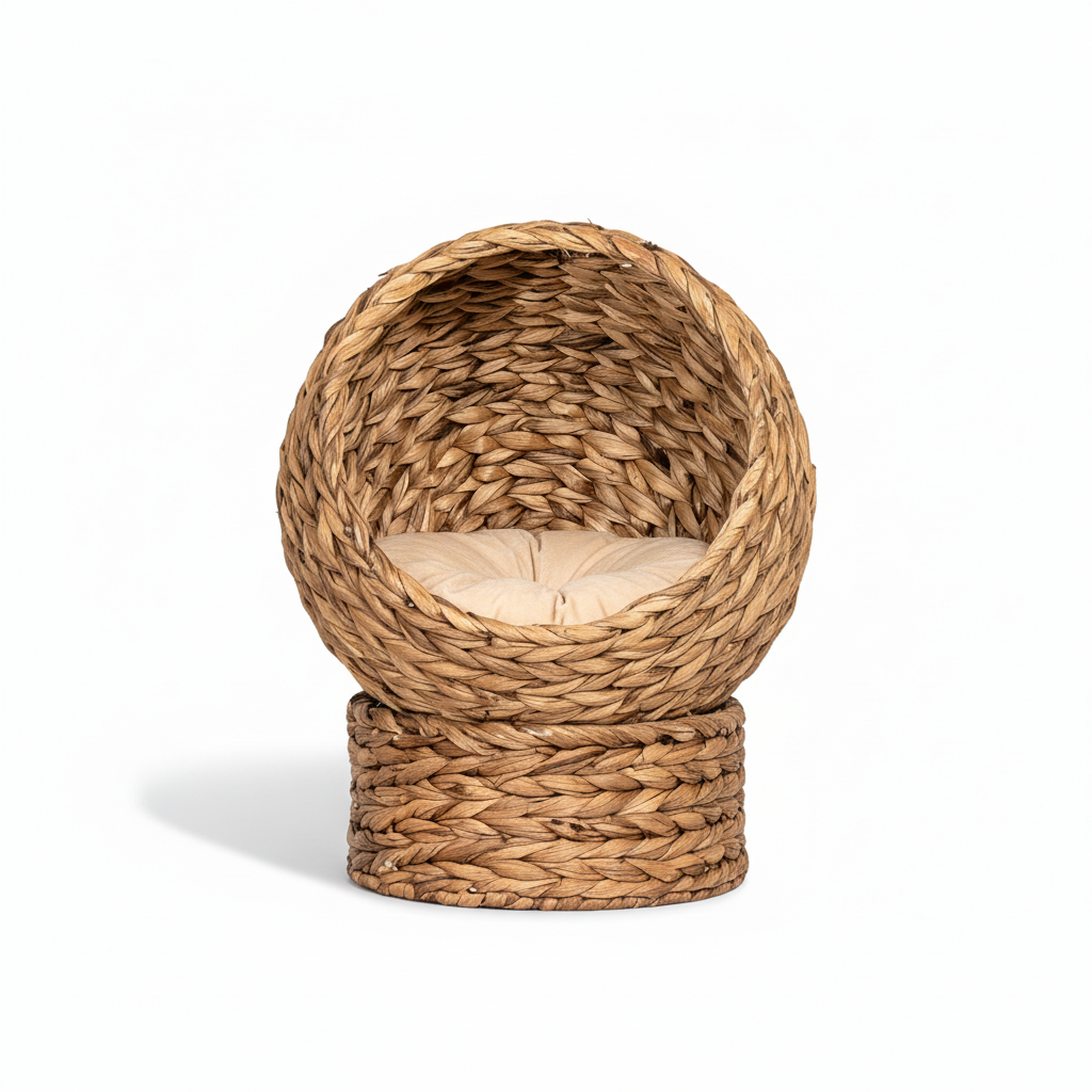 Handwoven Elevated Cat Bed with Soft Cushion & Egg Chair Shape, Basket Bed Kitty House with Stand, Raised Wicker House for Indoor Cats, 23.5" H, Light Brown