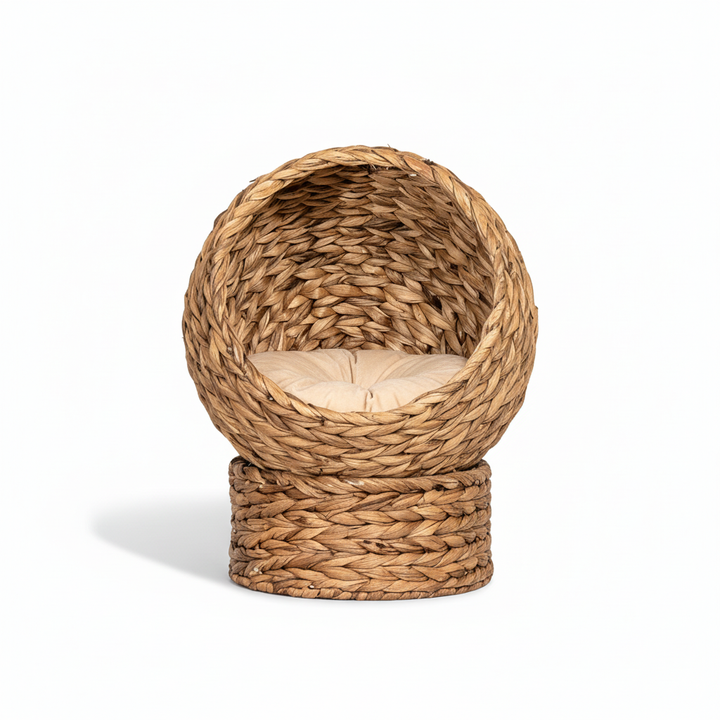 Handwoven Elevated Cat Bed with Soft Cushion & Egg Chair Shape, Basket Bed Kitty House with Stand, Raised Wicker House for Indoor Cats, 23.5" H, Light Brown