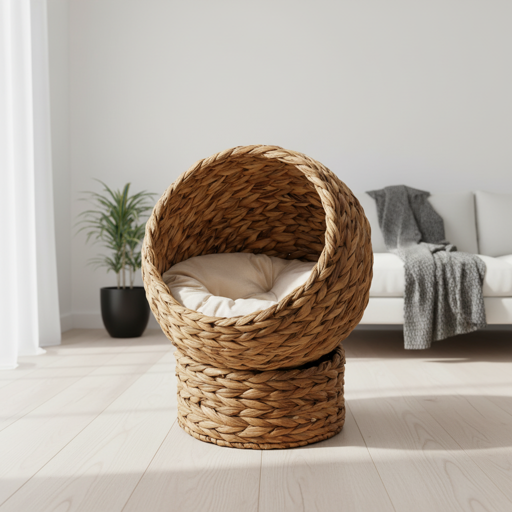 20" Natural Braided Banana Leaf Elevated Cat Bed Basket with Cushion - Brown