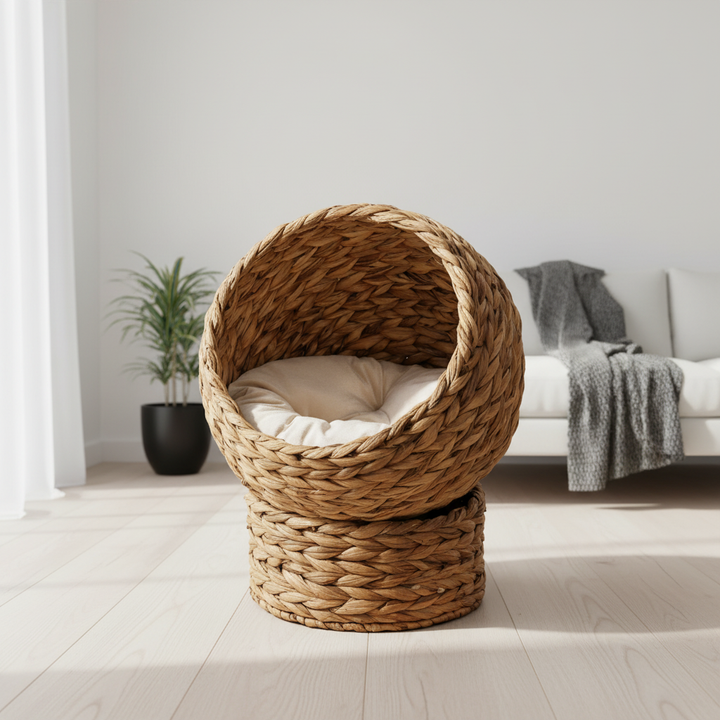 20" Natural Braided Banana Leaf Elevated Cat Bed Basket with Cushion - Brown