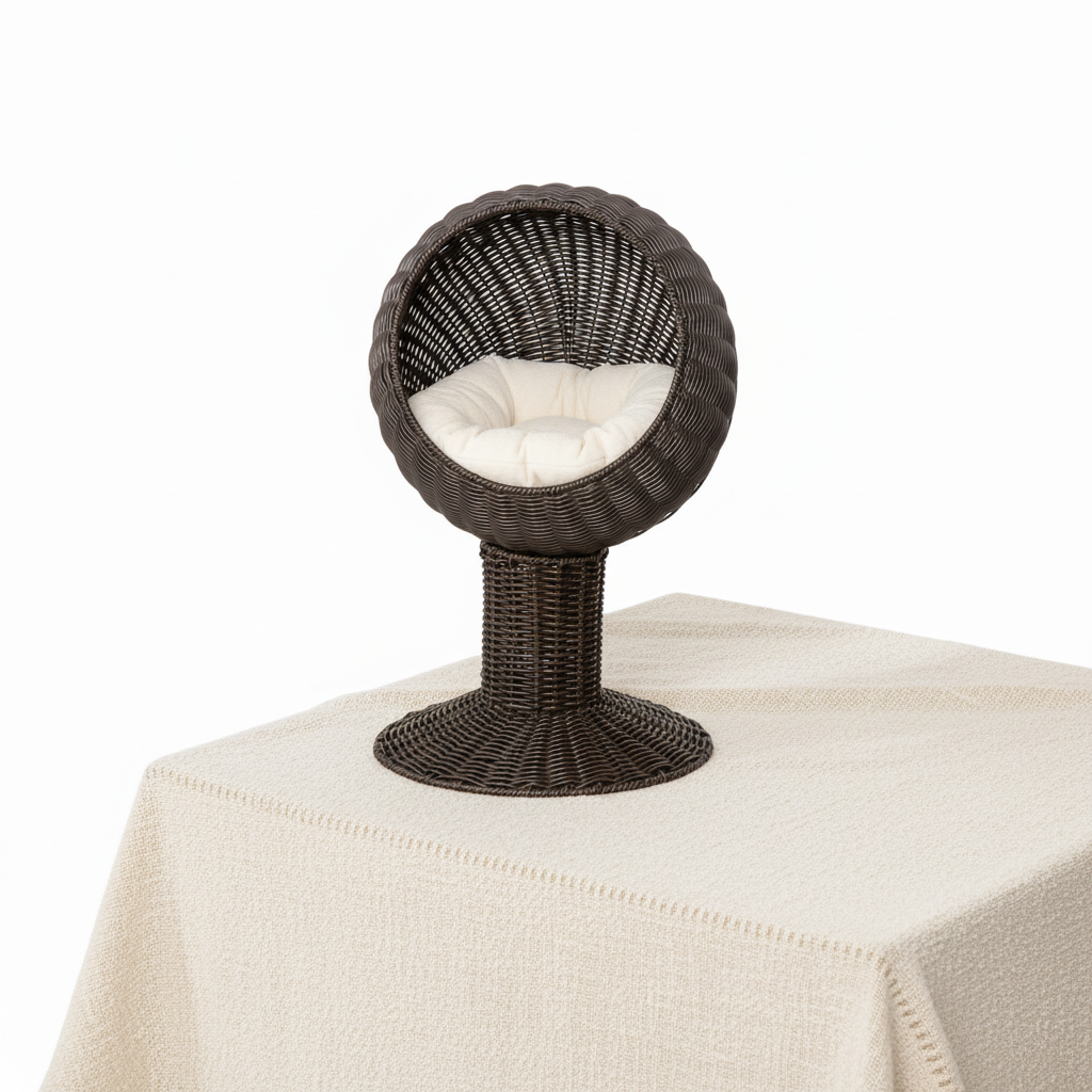 Elevated Cat Bed with Rotatable Egg Chair Pod, Cat Basket Bed with Thick Cushion, Natural Mat Grass Woven Kitty House, Coffee