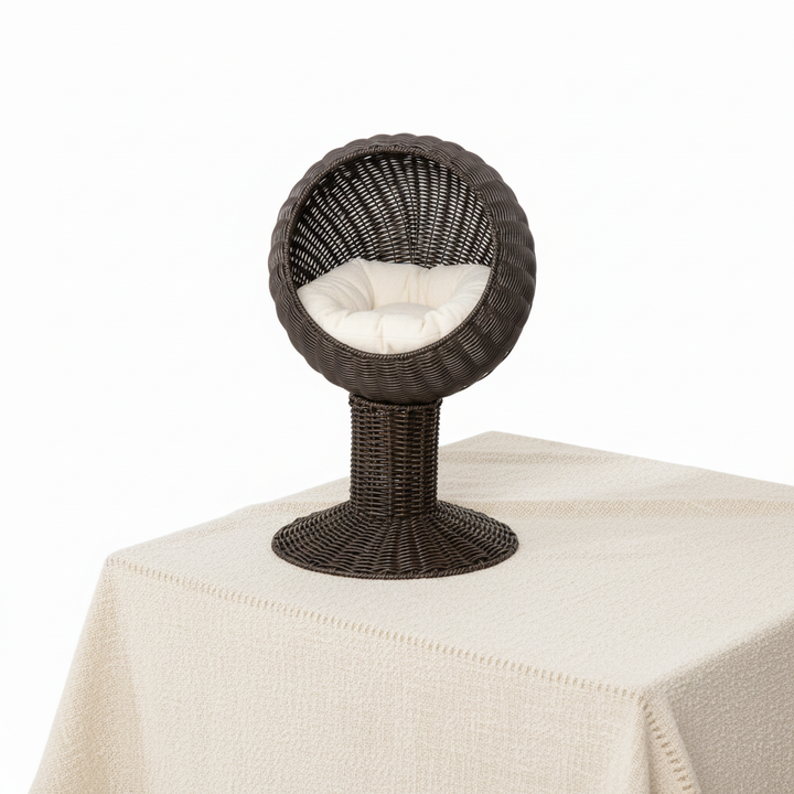 Elevated Cat Bed with Rotatable Egg Chair Pod, Cat Basket Bed with Thick Cushion, Natural Mat Grass Woven Kitty House, Coffee