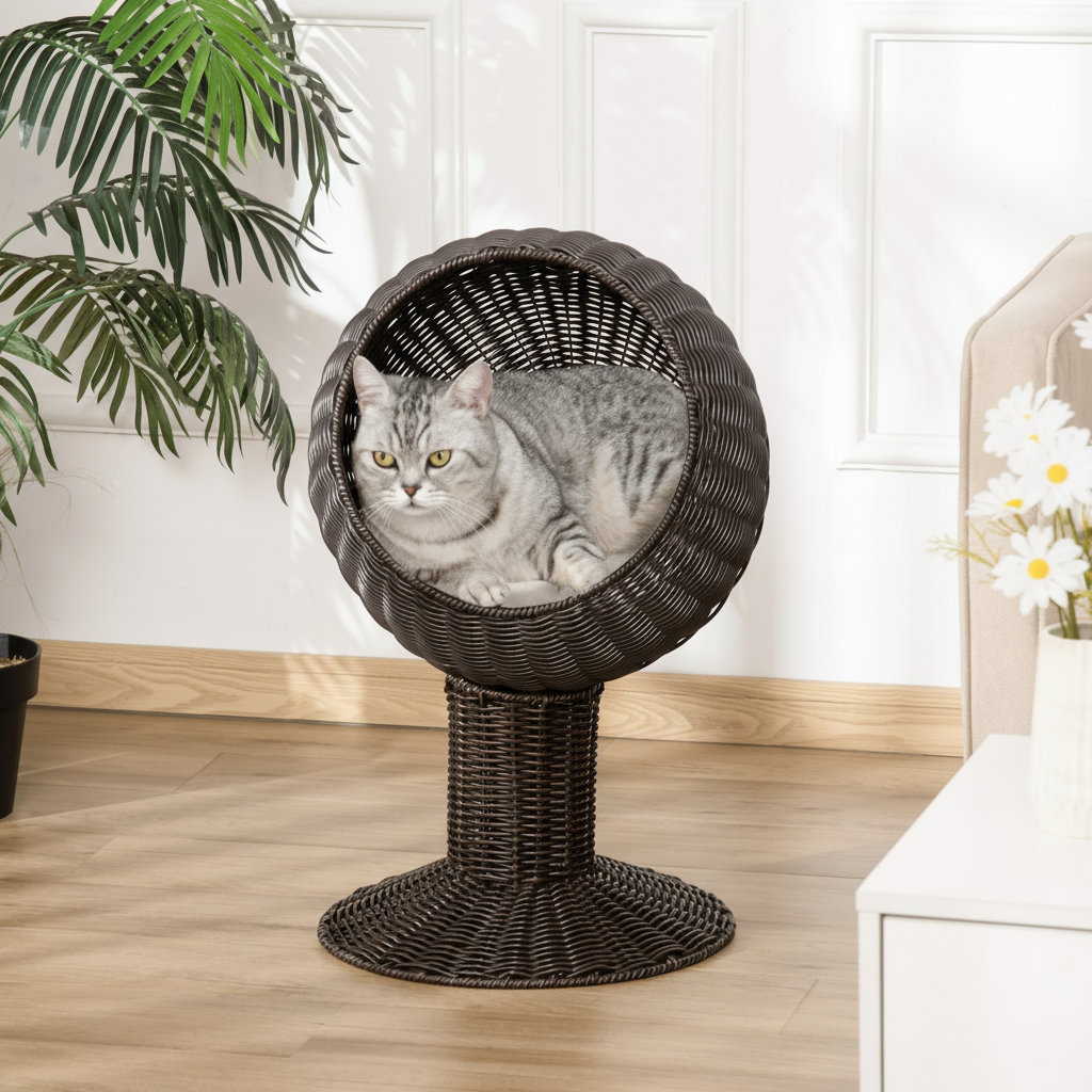 Elevated Cat Bed with Rotatable Egg Chair Pod, Cat Basket Bed with Thick Cushion, Natural Mat Grass Woven Kitty House, Coffee