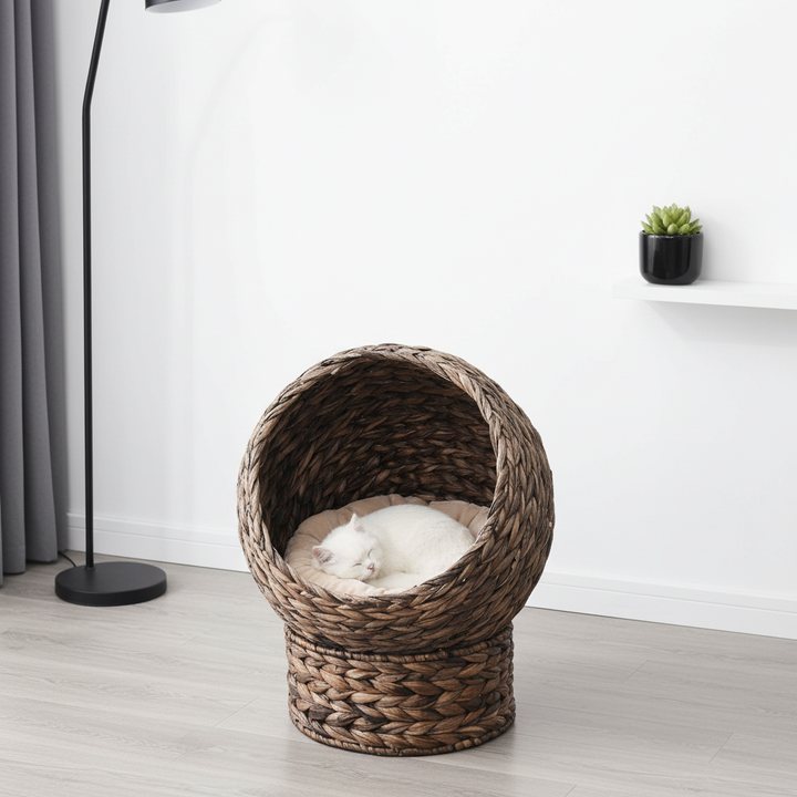 Handwoven Elevated Cat Bed with Rotating Basket and Soft Cushion, Wicker Cat Egg Chair with Stand, Brown