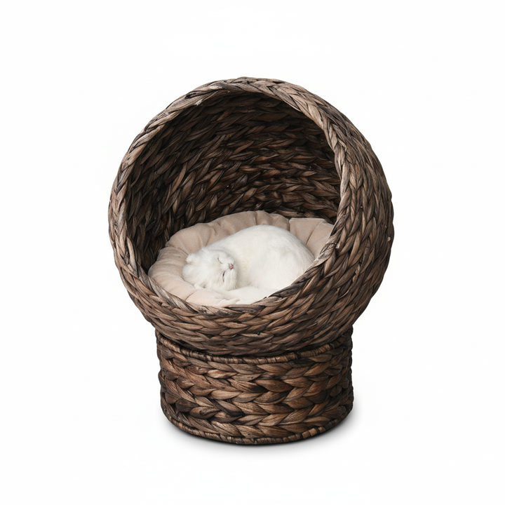Handwoven Elevated Cat Bed with Rotating Basket and Soft Cushion, Wicker Cat Egg Chair with Stand, Brown