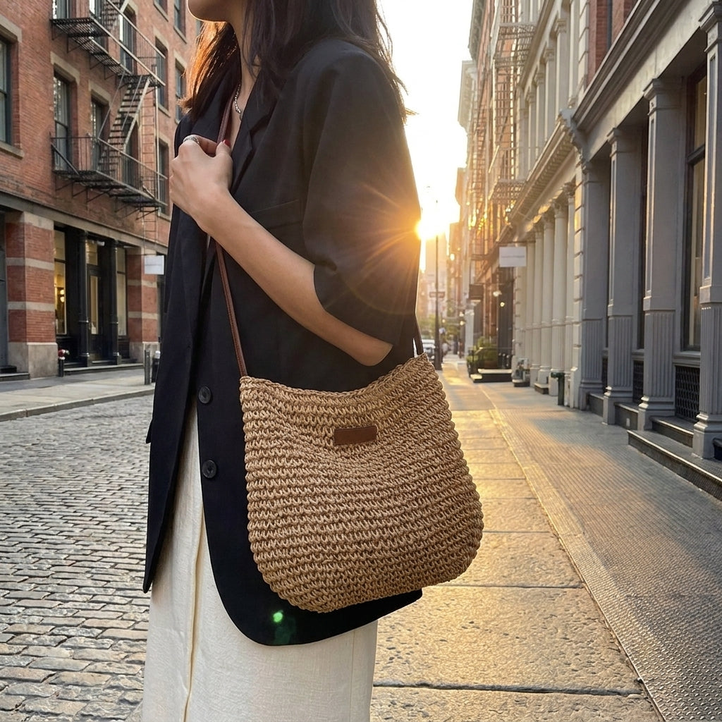 Woven Straw Shoulder Bag – Stylish Summer Handbag