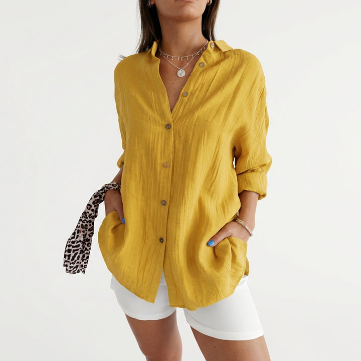 Lapel Long Sleeve Shirt Women's Single-breasted Pleated Shirt Tops Clothing
