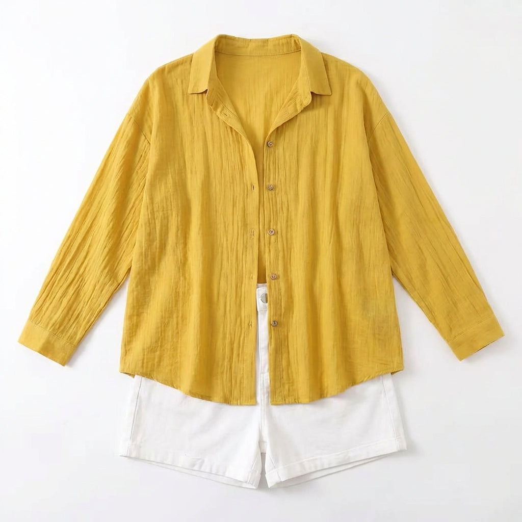 Lapel Long Sleeve Shirt Women's Single-breasted Pleated Shirt Tops Clothing