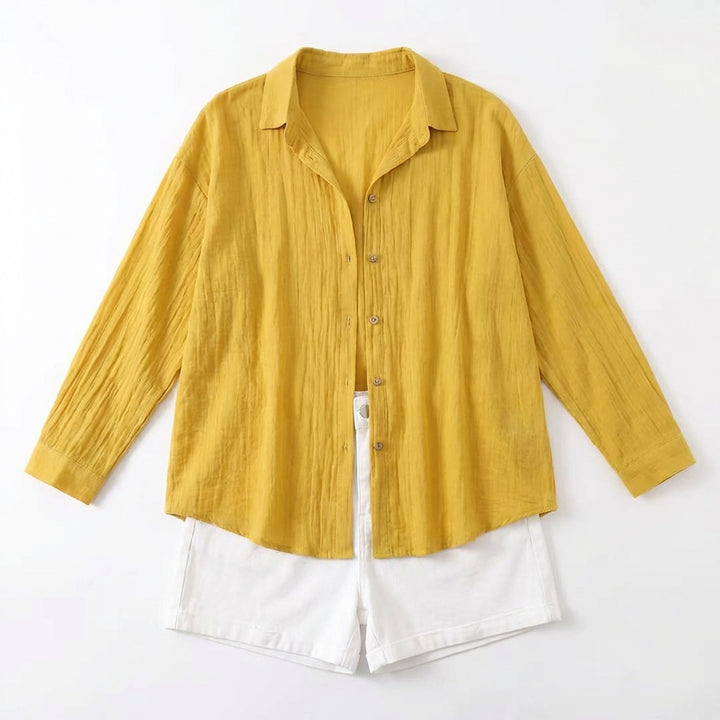 Lapel Long Sleeve Shirt Women's Single-breasted Pleated Shirt Tops Clothing