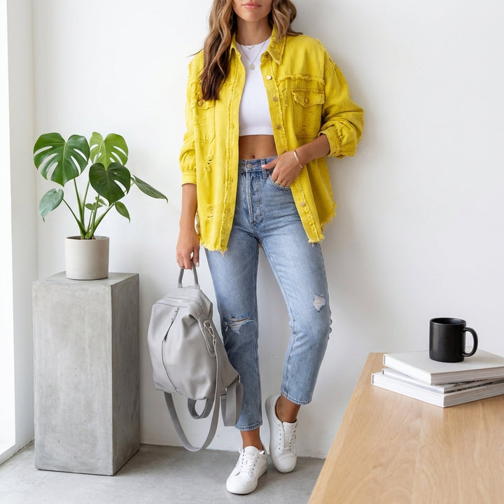 Women's Oversized Ripped Shacket – Casual Distressed Shirt Jacket for Fall & Spring