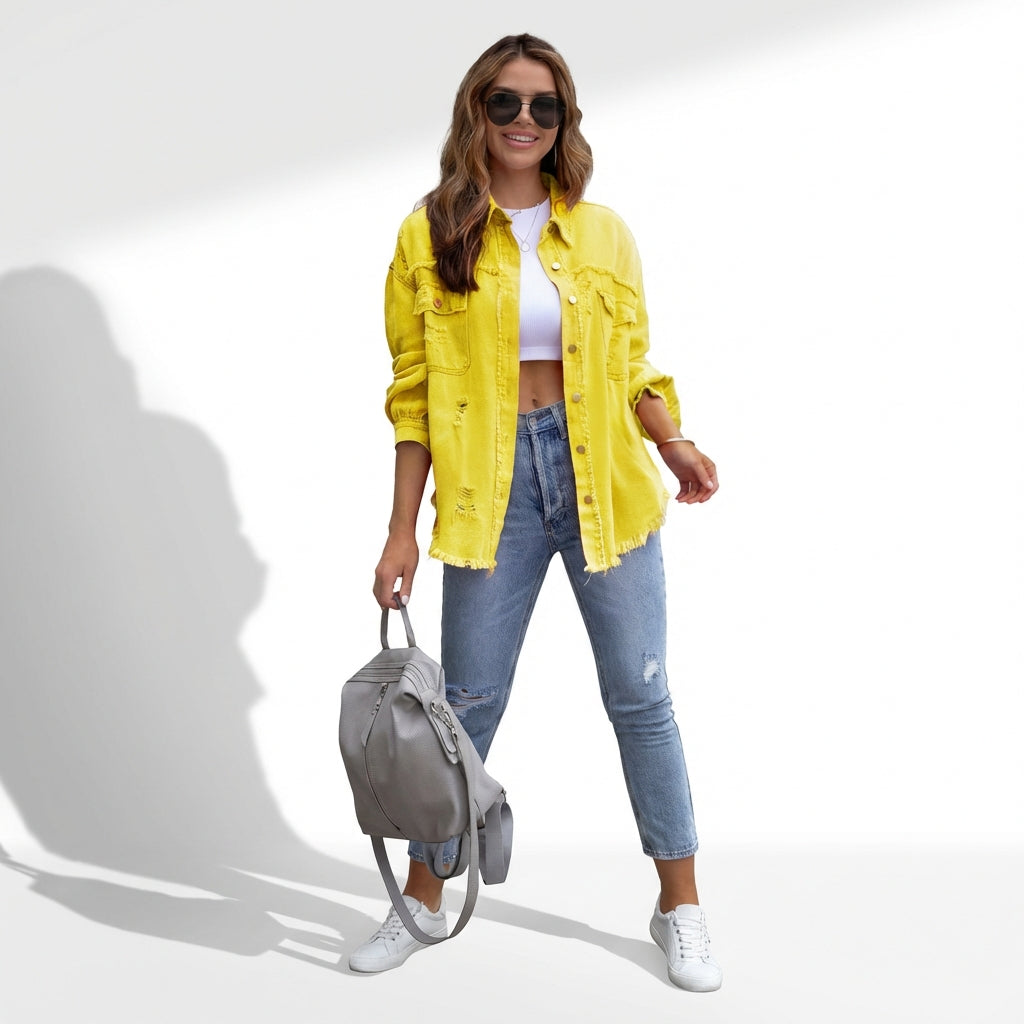 Women's Oversized Ripped Shacket – Casual Distressed Shirt Jacket for Fall & Spring
