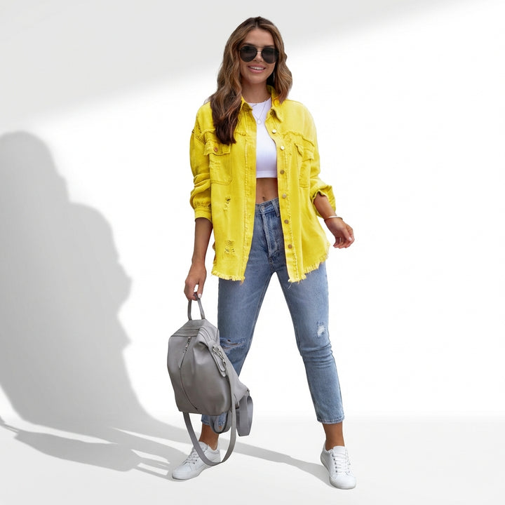 Women's Oversized Ripped Shacket – Casual Distressed Shirt Jacket for Fall & Spring