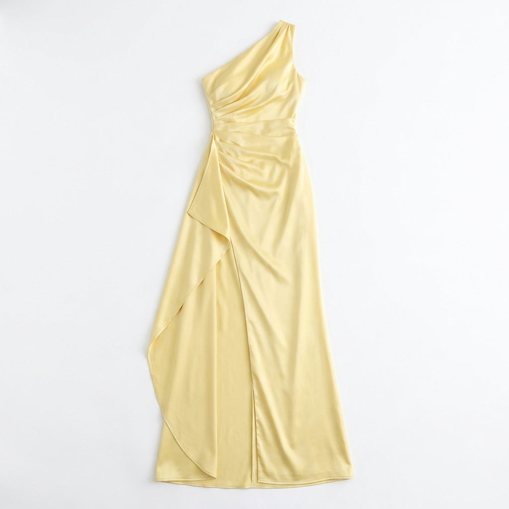 Women's One-Shoulder Backless Satin Maxi Dress – High Slit Elegant Bodycon Evening Dress