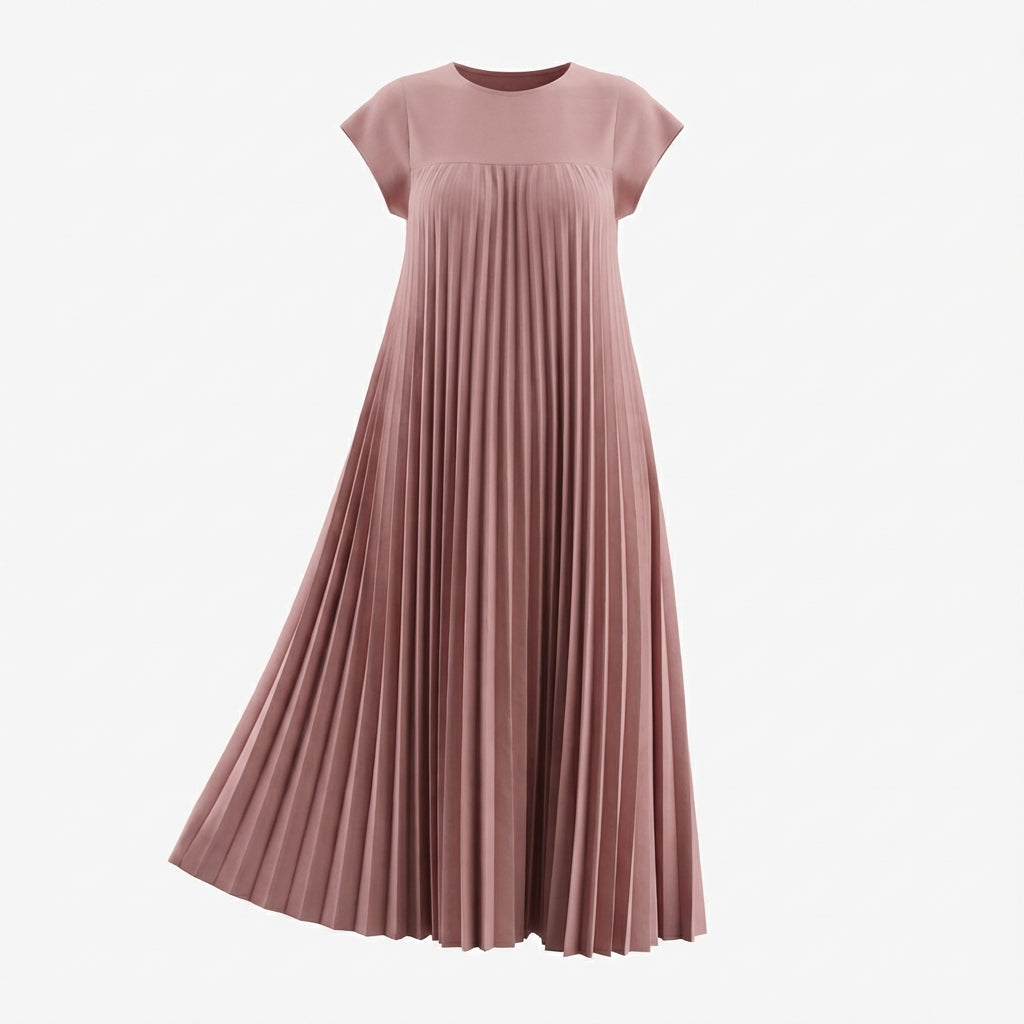 Short Sleeve Pleated Long Dress Summer Round Neck Dress Women's Clothing