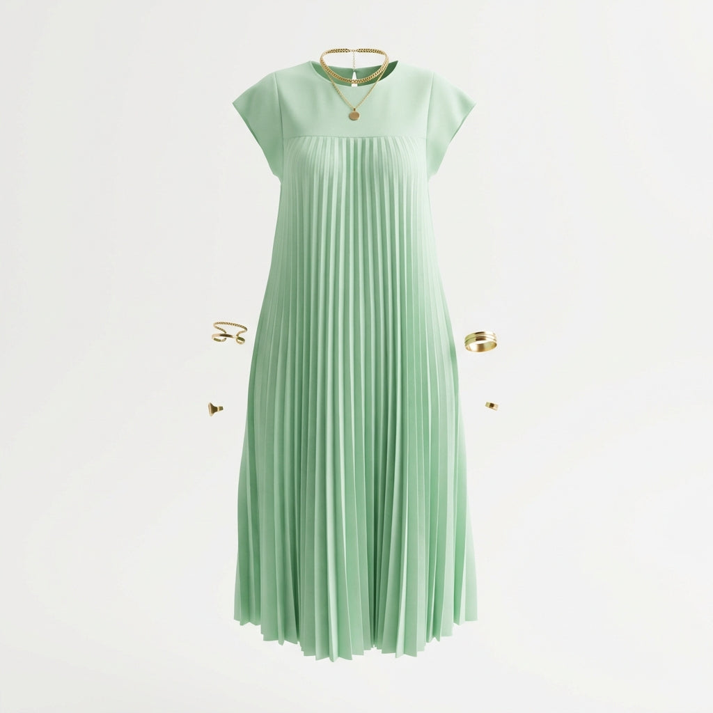 Short Sleeve Pleated Long Dress Summer Round Neck Dress Women's Clothing