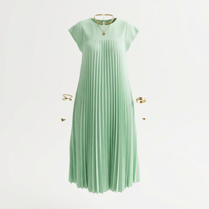 Short Sleeve Pleated Long Dress Summer Round Neck Dress Women's Clothing