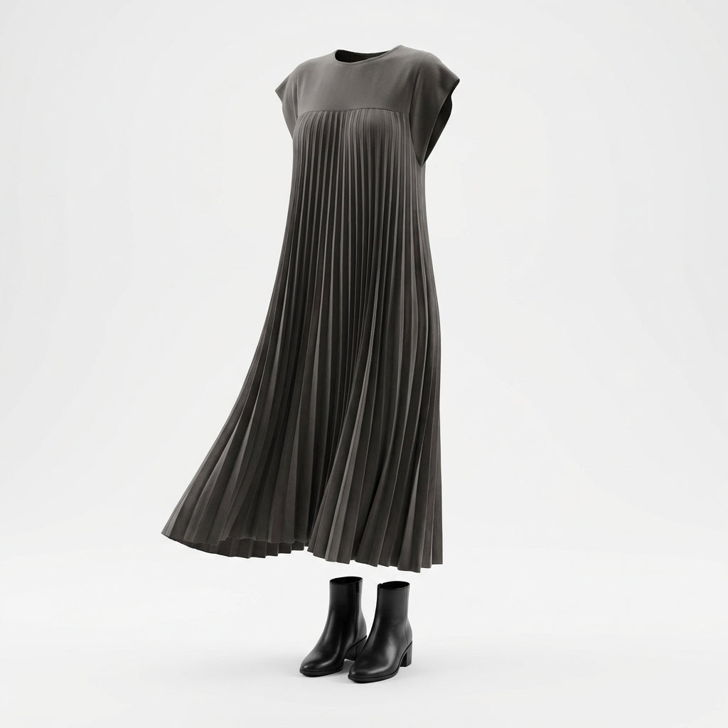 Short Sleeve Pleated Long Dress Summer Round Neck Dress Women's Clothing