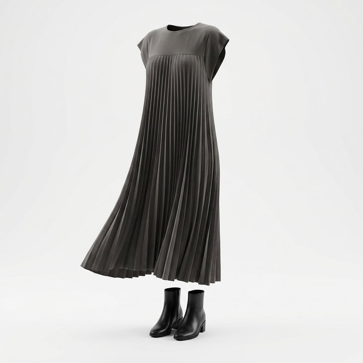 Short Sleeve Pleated Long Dress Summer Round Neck Dress Women's Clothing