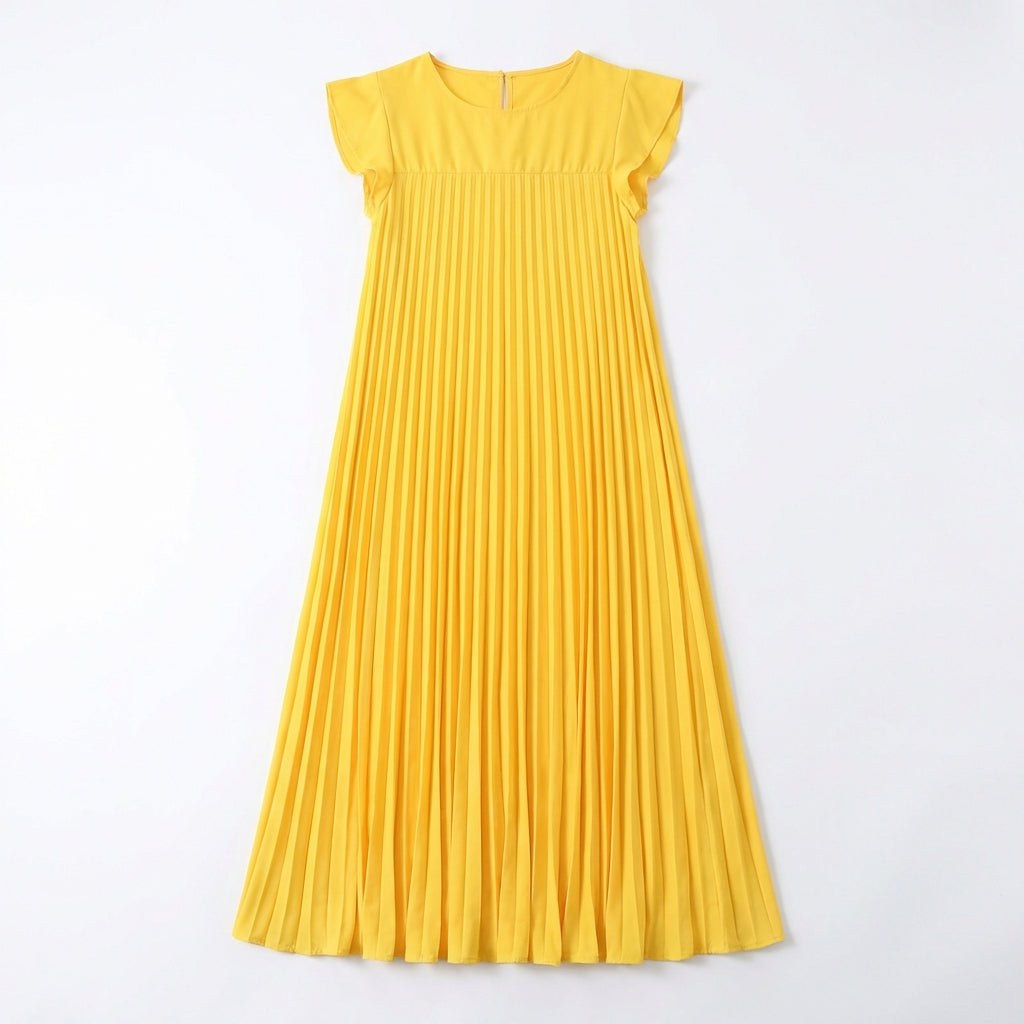 Short Sleeve Pleated Long Dress Summer Round Neck Dress Women's Clothing
