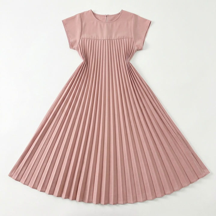 Short Sleeve Pleated Long Dress Summer Round Neck Dress Women's Clothing