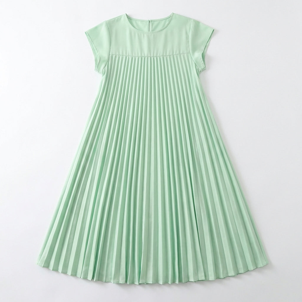 Short Sleeve Pleated Long Dress Summer Round Neck Dress Women's Clothing