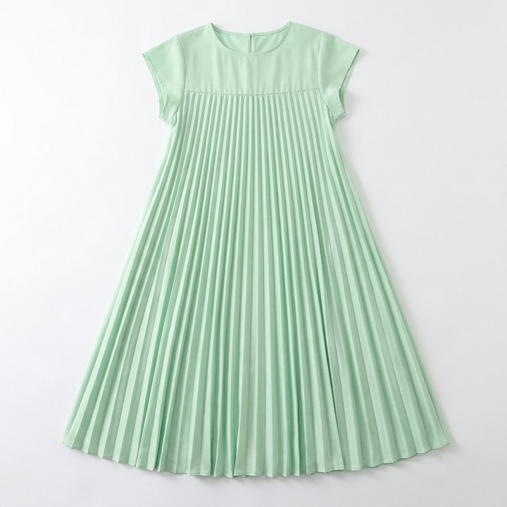 Short Sleeve Pleated Long Dress Summer Round Neck Dress Women's Clothing