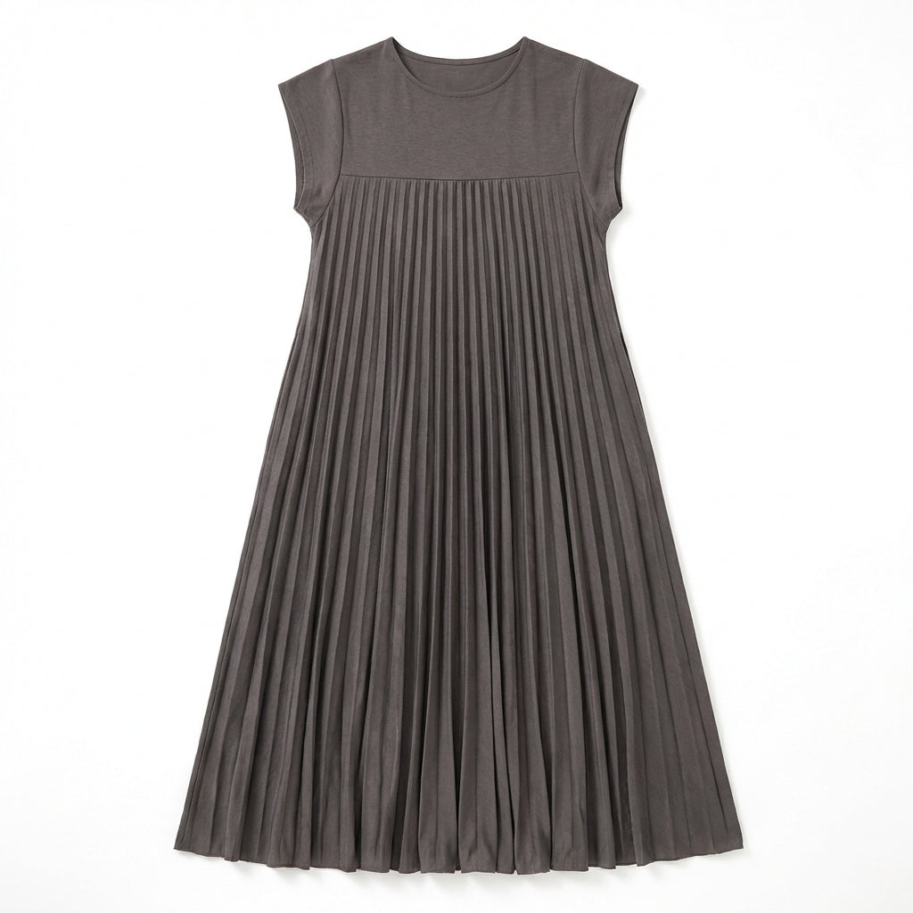 Short Sleeve Pleated Long Dress Summer Round Neck Dress Women's Clothing