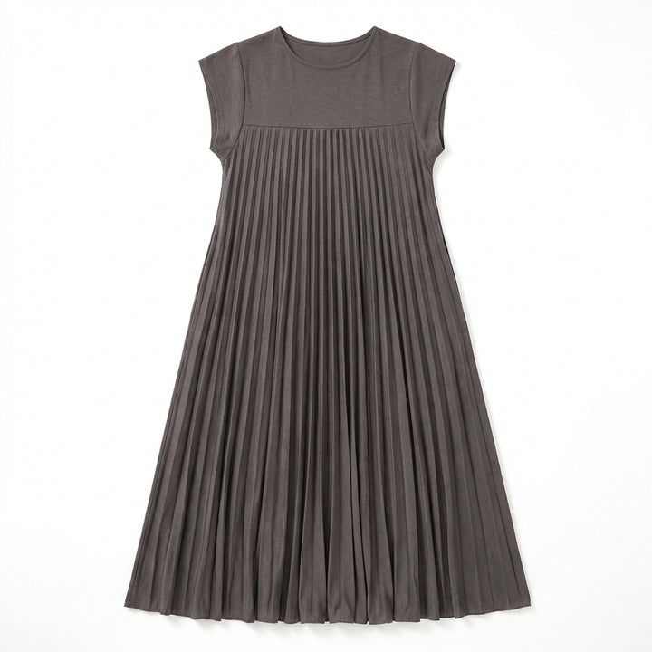 Short Sleeve Pleated Long Dress Summer Round Neck Dress Women's Clothing