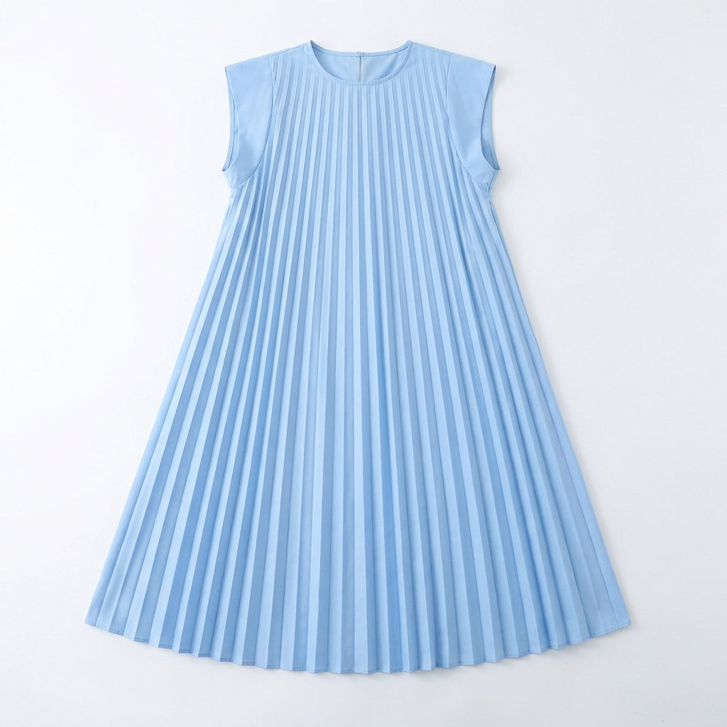 Short Sleeve Pleated Long Dress Summer Round Neck Dress Women's Clothing