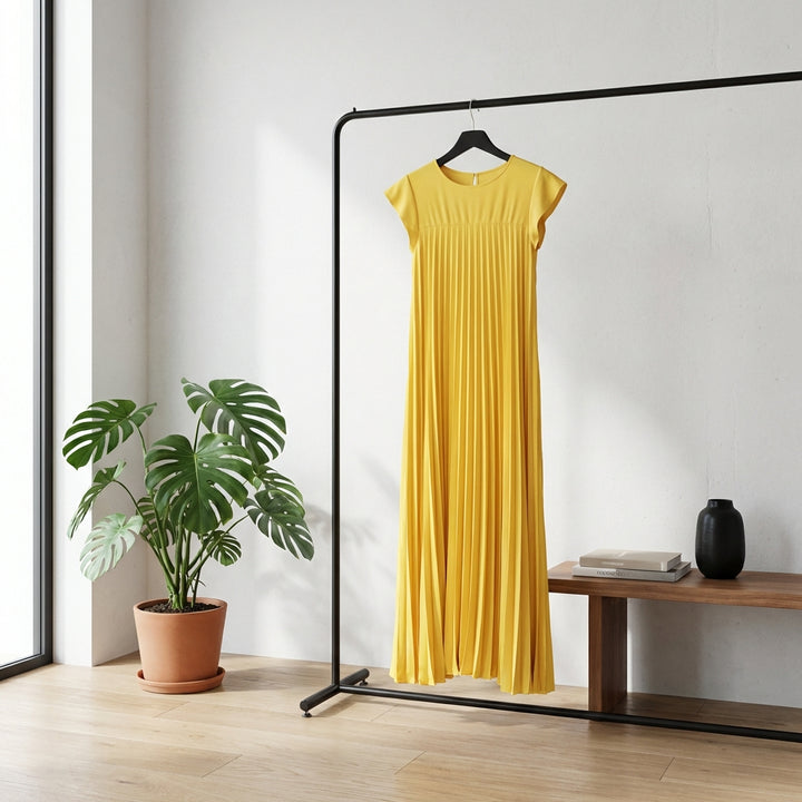 Short Sleeve Pleated Long Dress Summer Round Neck Dress Women's Clothing