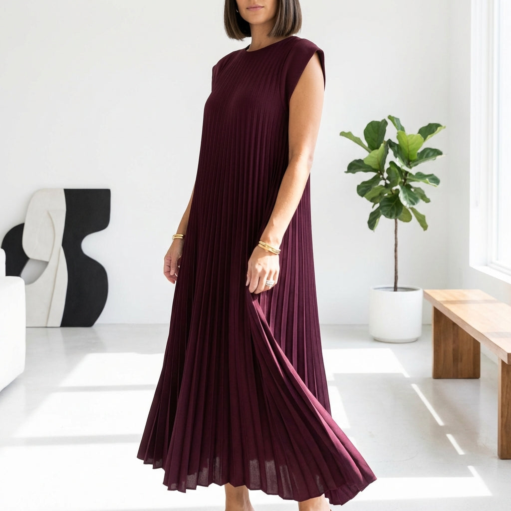 Short Sleeve Pleated Long Dress Summer Round Neck Dress Women's Clothing