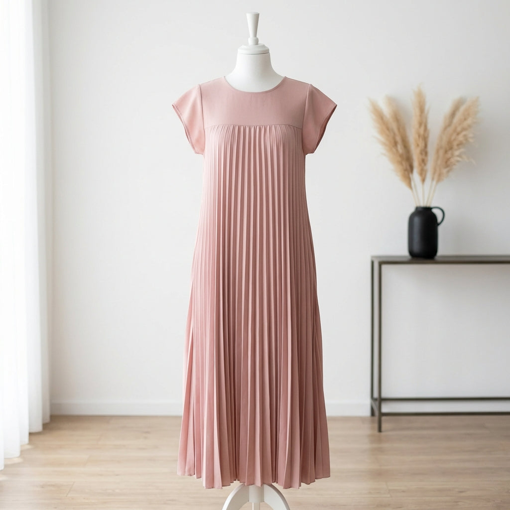 Short Sleeve Pleated Long Dress Summer Round Neck Dress Women's Clothing
