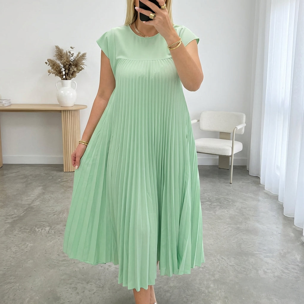 Short Sleeve Pleated Long Dress Summer Round Neck Dress Women's Clothing