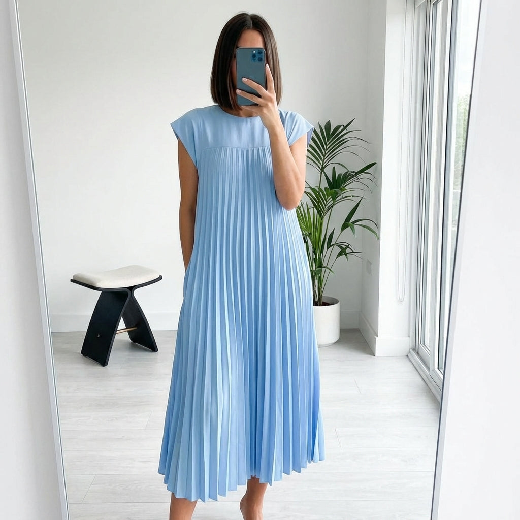 Short Sleeve Pleated Long Dress Summer Round Neck Dress Women's Clothing