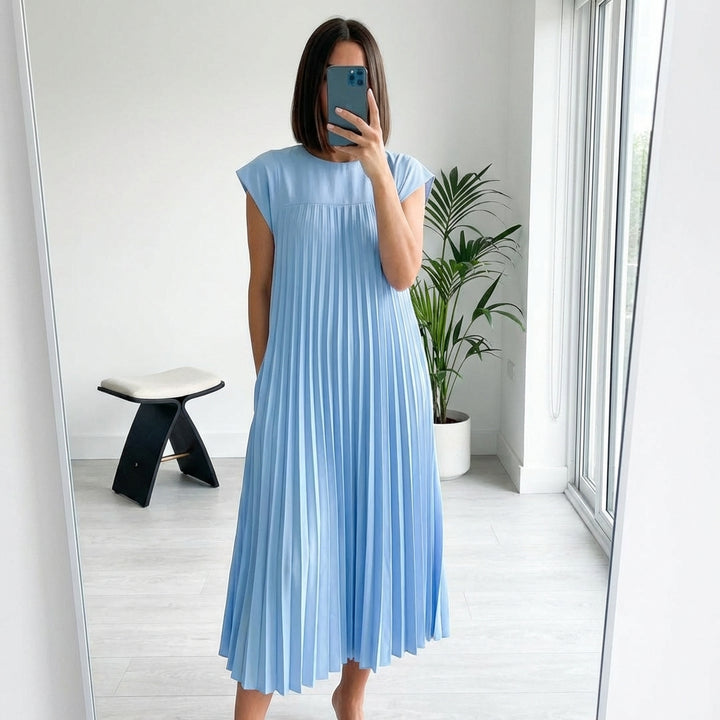 Short Sleeve Pleated Long Dress Summer Round Neck Dress Women's Clothing