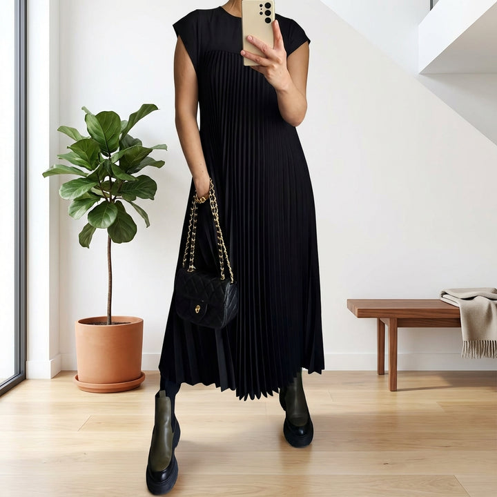 Short Sleeve Pleated Long Dress Summer Round Neck Dress Women's Clothing