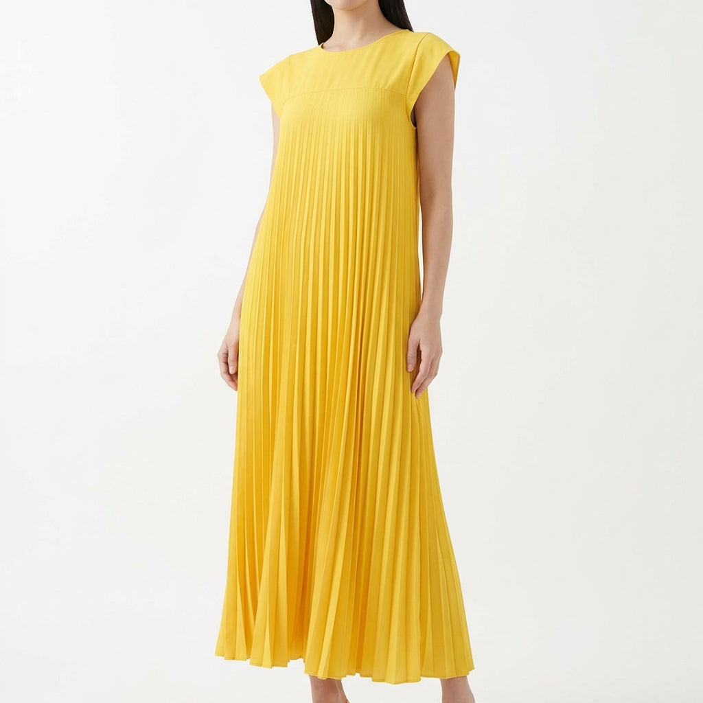Short Sleeve Pleated Long Dress Summer Round Neck Dress Women's Clothing