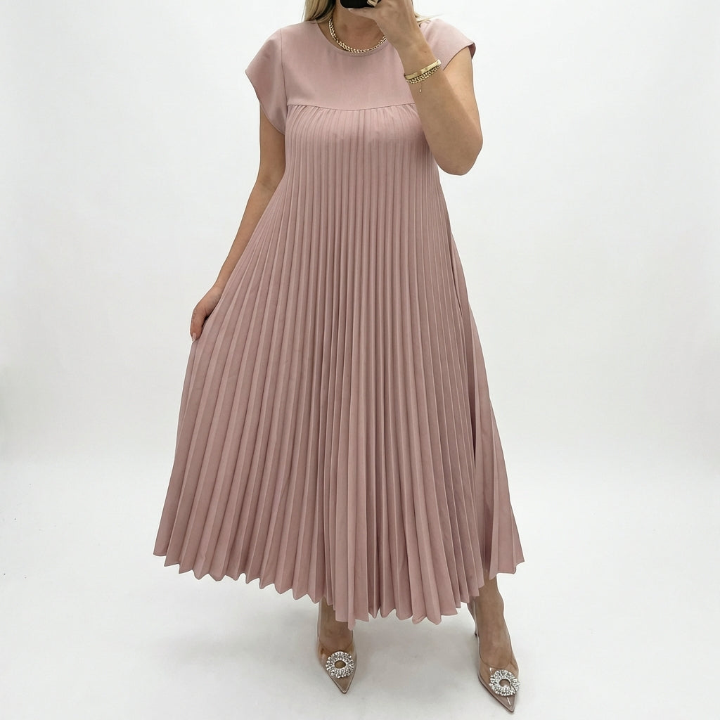 Short Sleeve Pleated Long Dress Summer Round Neck Dress Women's Clothing
