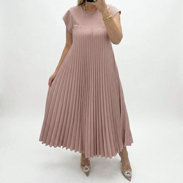 Short Sleeve Pleated Long Dress Summer Round Neck Dress Women's Clothing