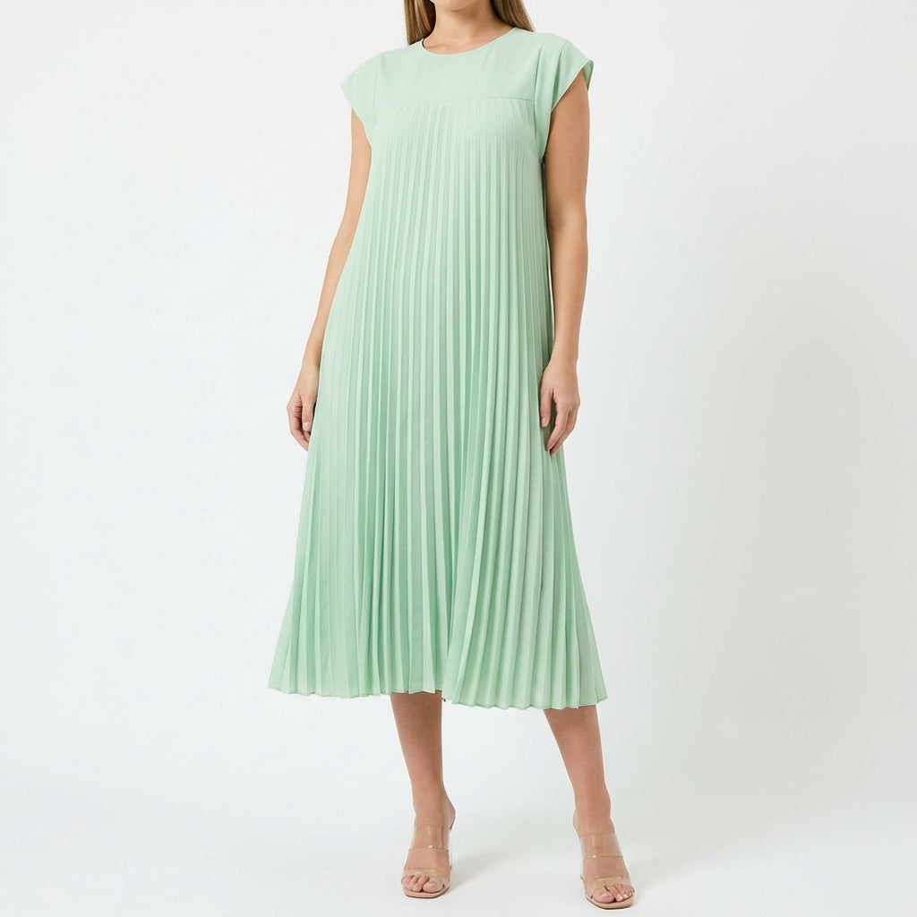 Short Sleeve Pleated Long Dress Summer Round Neck Dress Women's Clothing