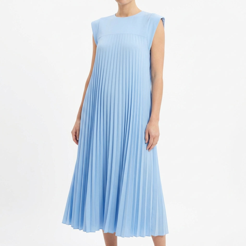 Short Sleeve Pleated Long Dress Summer Round Neck Dress Women's Clothing