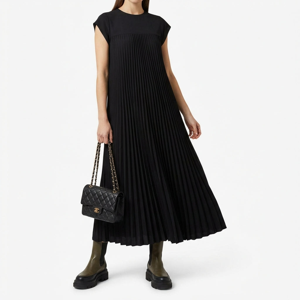 Short Sleeve Pleated Long Dress Summer Round Neck Dress Women's Clothing